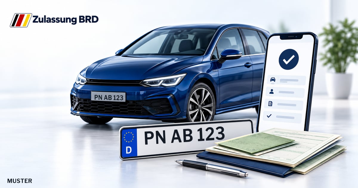 Online Fahrzeugzulassung in Pößneck: Musterkennzeichen PN AB 123, Auto und Fahrzeugpapiere und Smartphone. Illustration mit Logo von Zulassung BRD.